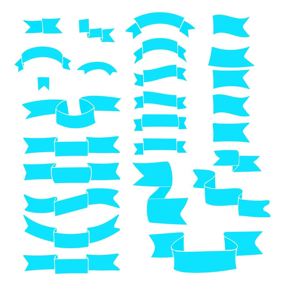 Blue ribbons, big hand drawn set of design elements, banners, labels isolated on white background. Set of cute tapes. vector