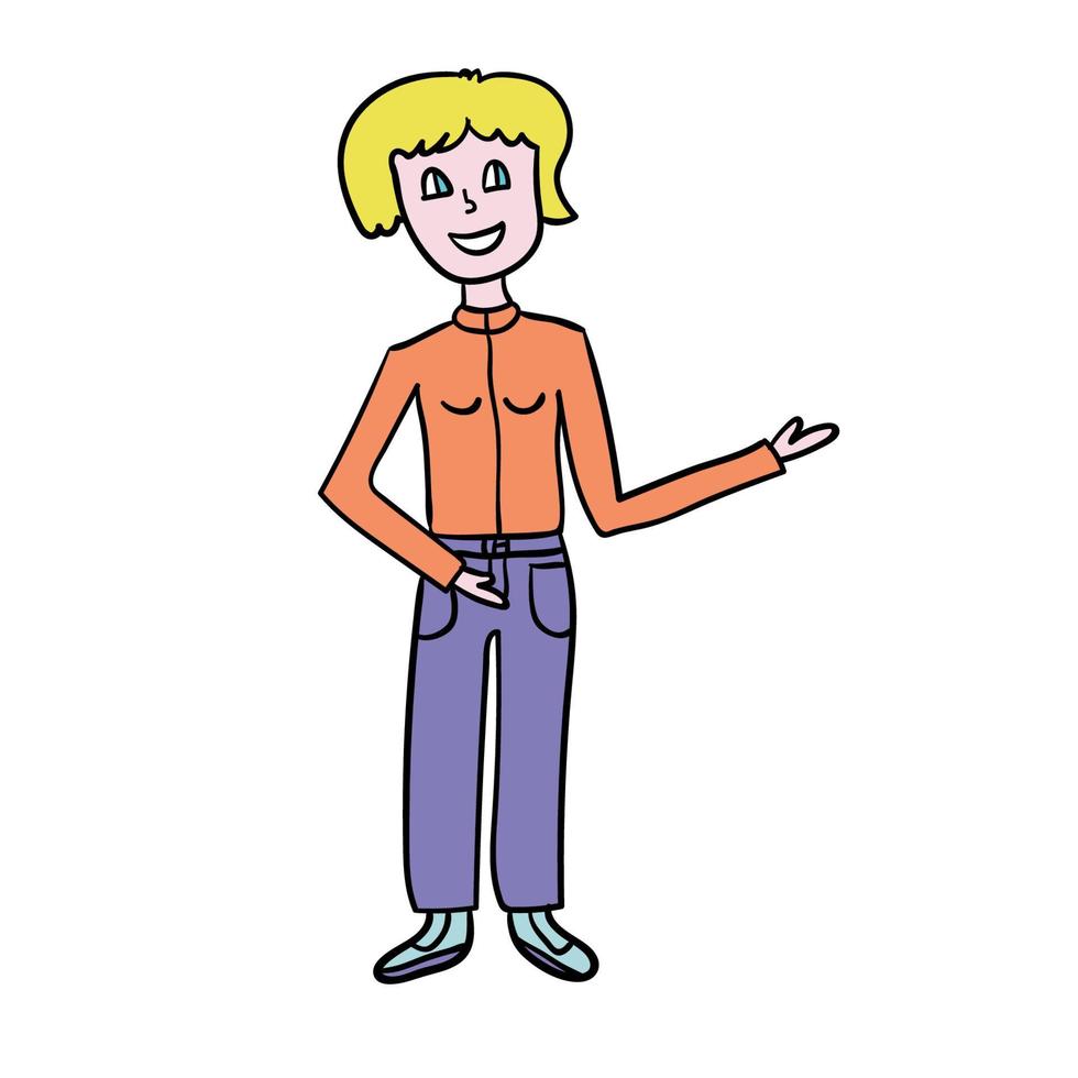 Cartoon doodle linear woman pointing isolated on white background. vector