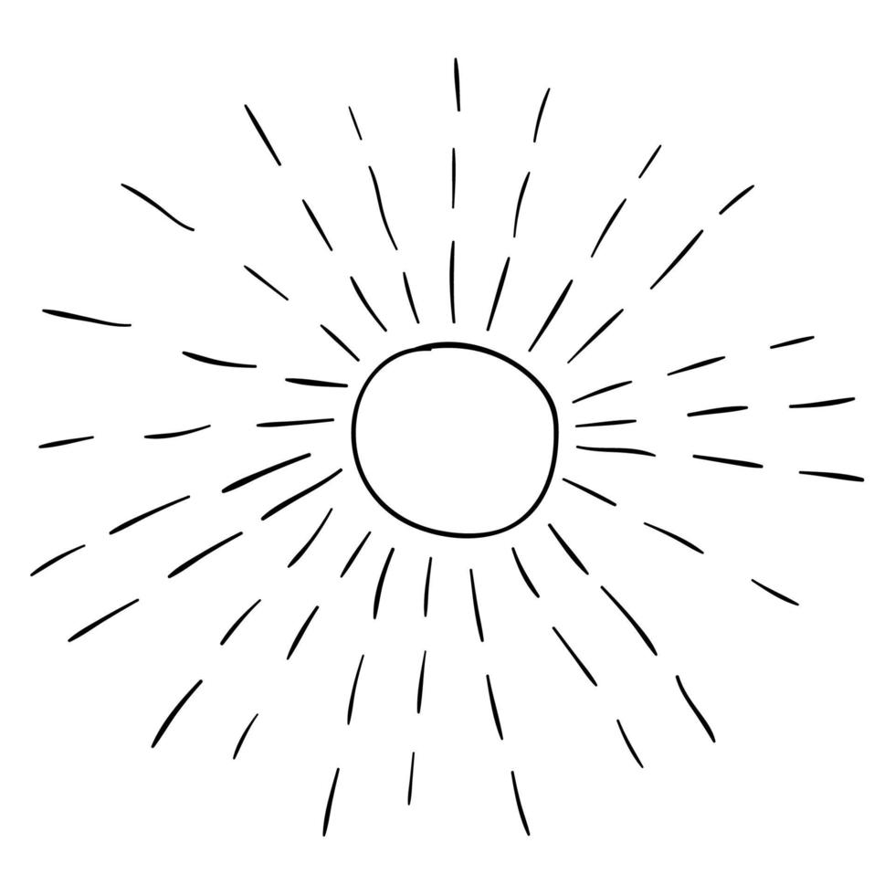 dibujos animados doodle sol lineal con rayos aislados sobre fondo blanco. vector