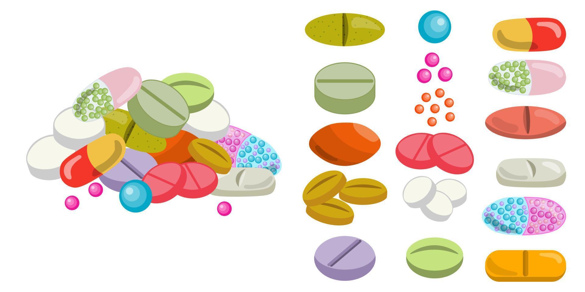 conjunto de píldoras y tabletas coloridas, medicamentos para el cuidado de la salud aislados en fondo blanco. puñado de pastillas. vector