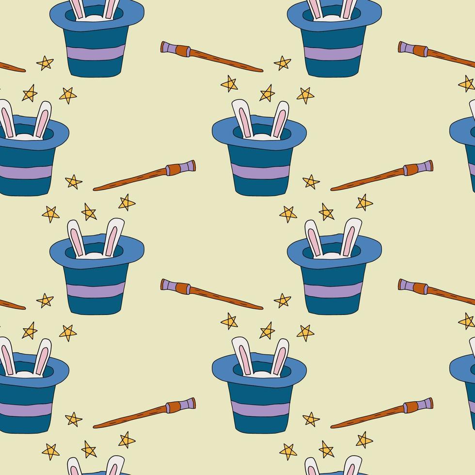 Doodle magic trick with the appearance of a rabbit from a hat seamless pattern. Circus performance background. vector