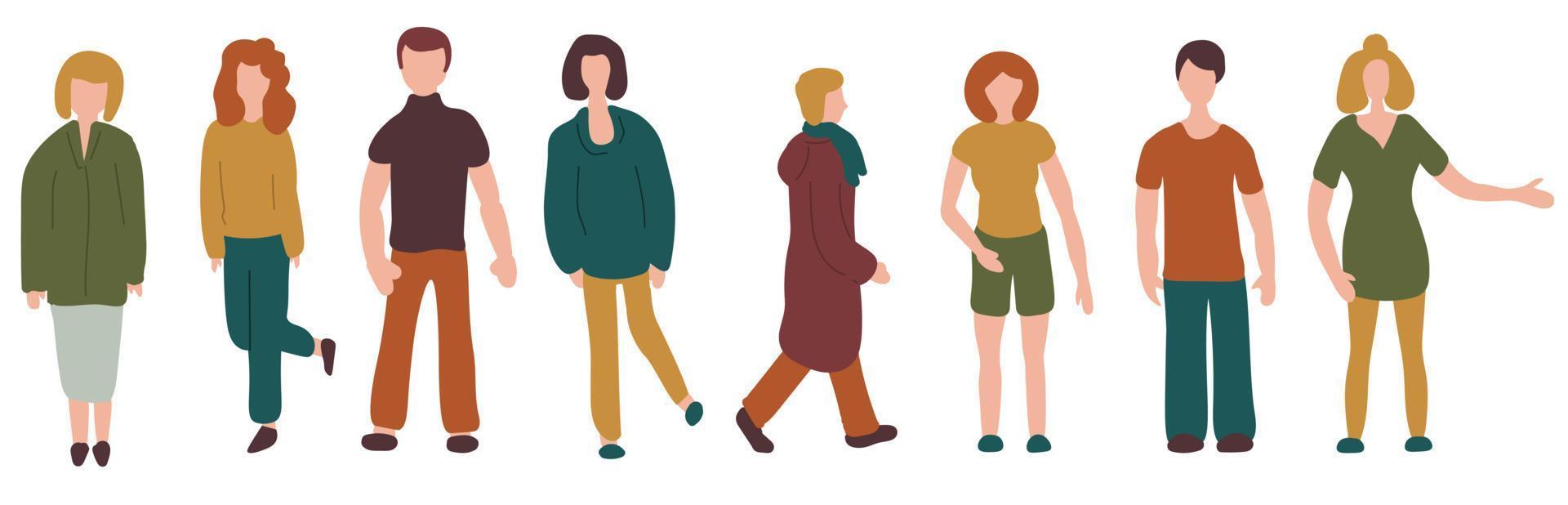 grupo de jóvenes aislados sobre fondo blanco. conjunto de dibujos animados de hombres y mujeres en estilo plano. vector