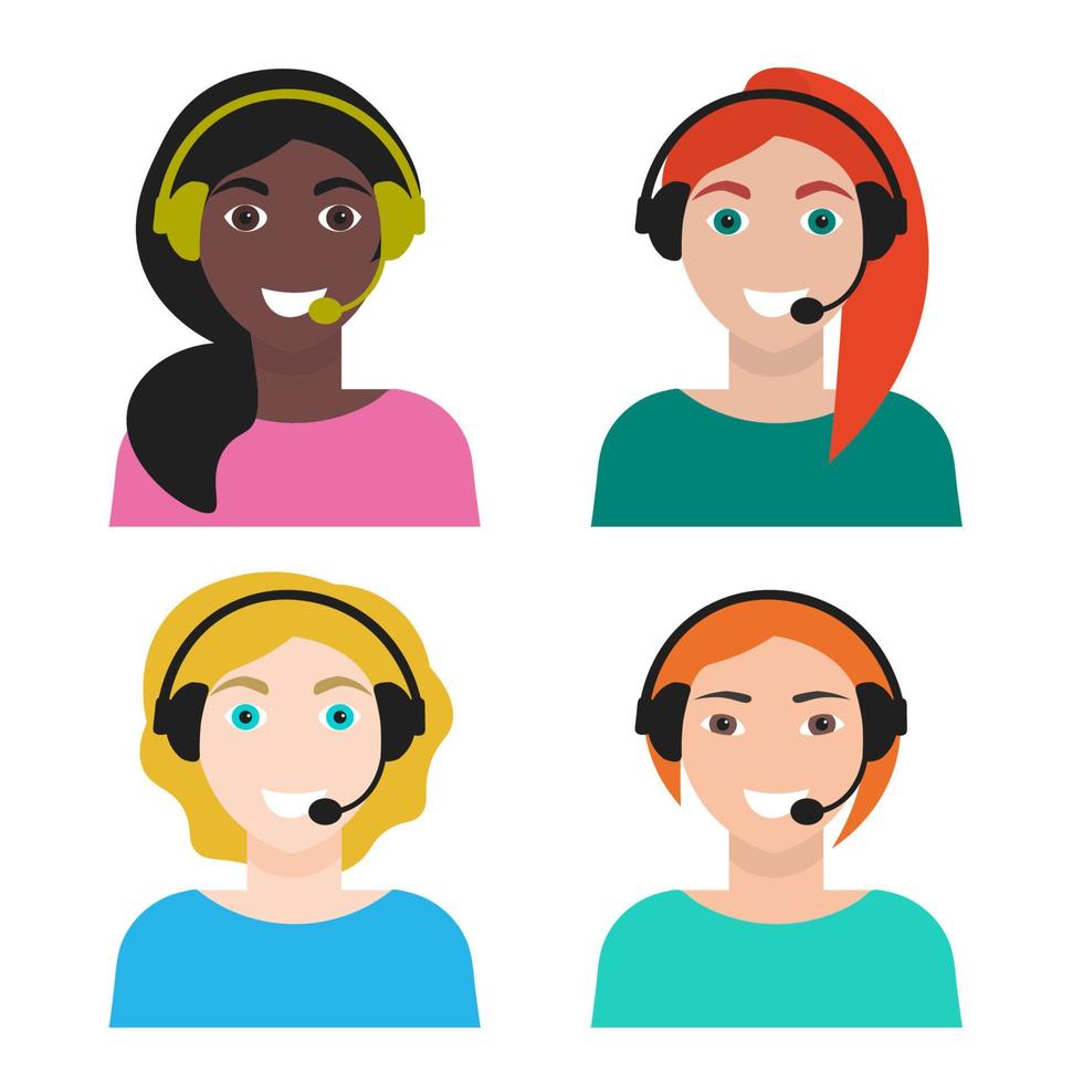 conjunto de mujeres telemarketer, operador de centro de llamadas, línea directa, ilustración vectorial, aislado en fondo blanco, estilo plano vector