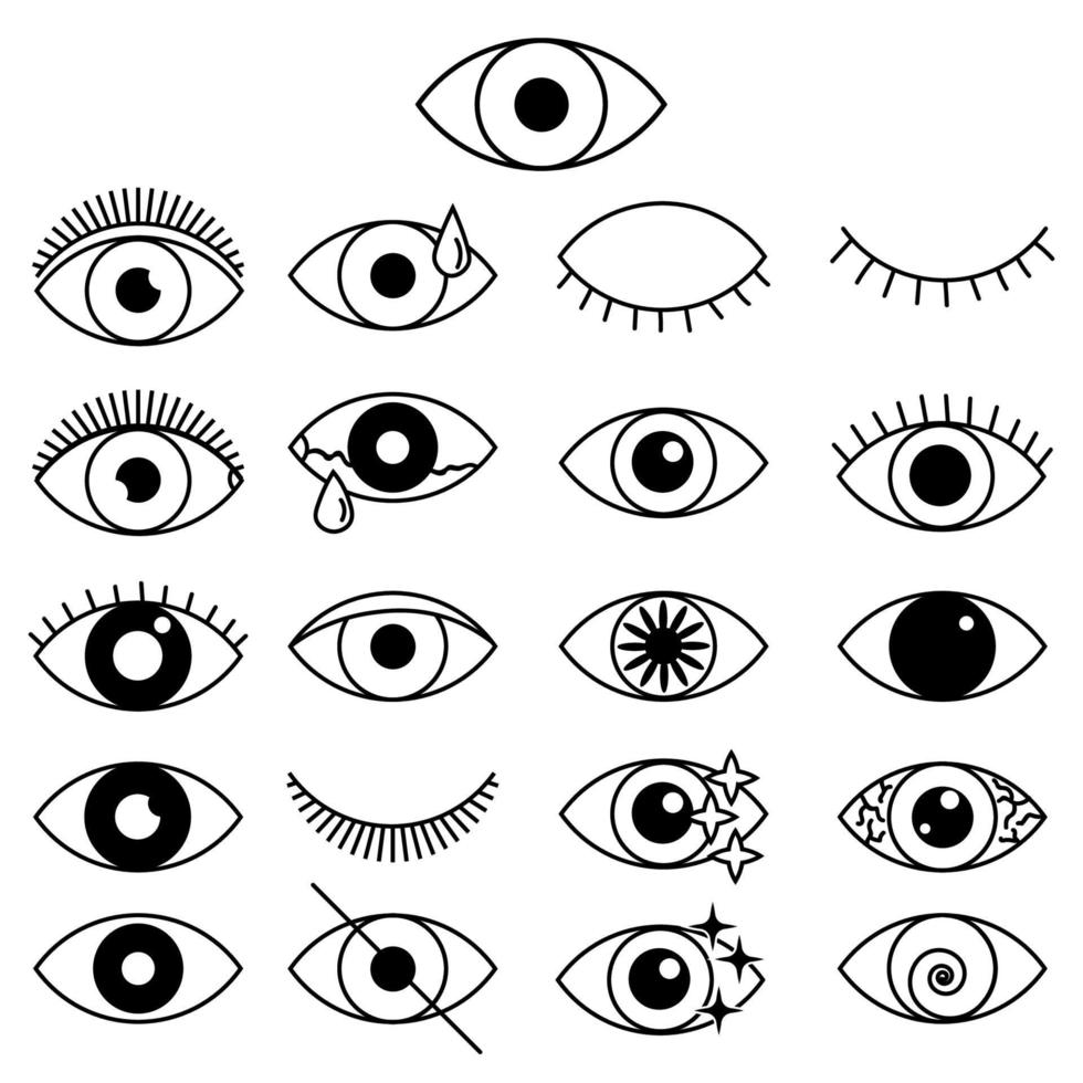 Set of outline eye icons. Open and closed thin line eyes, sleeping eye shapes with eyelash, supervision and searching signs. vector