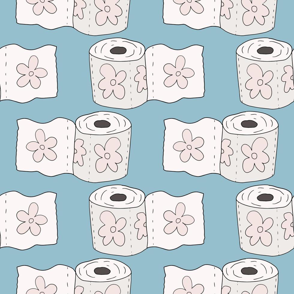 Cute cartoon doodle toilet paper with floral ornament seamless pattern. WC background. vector