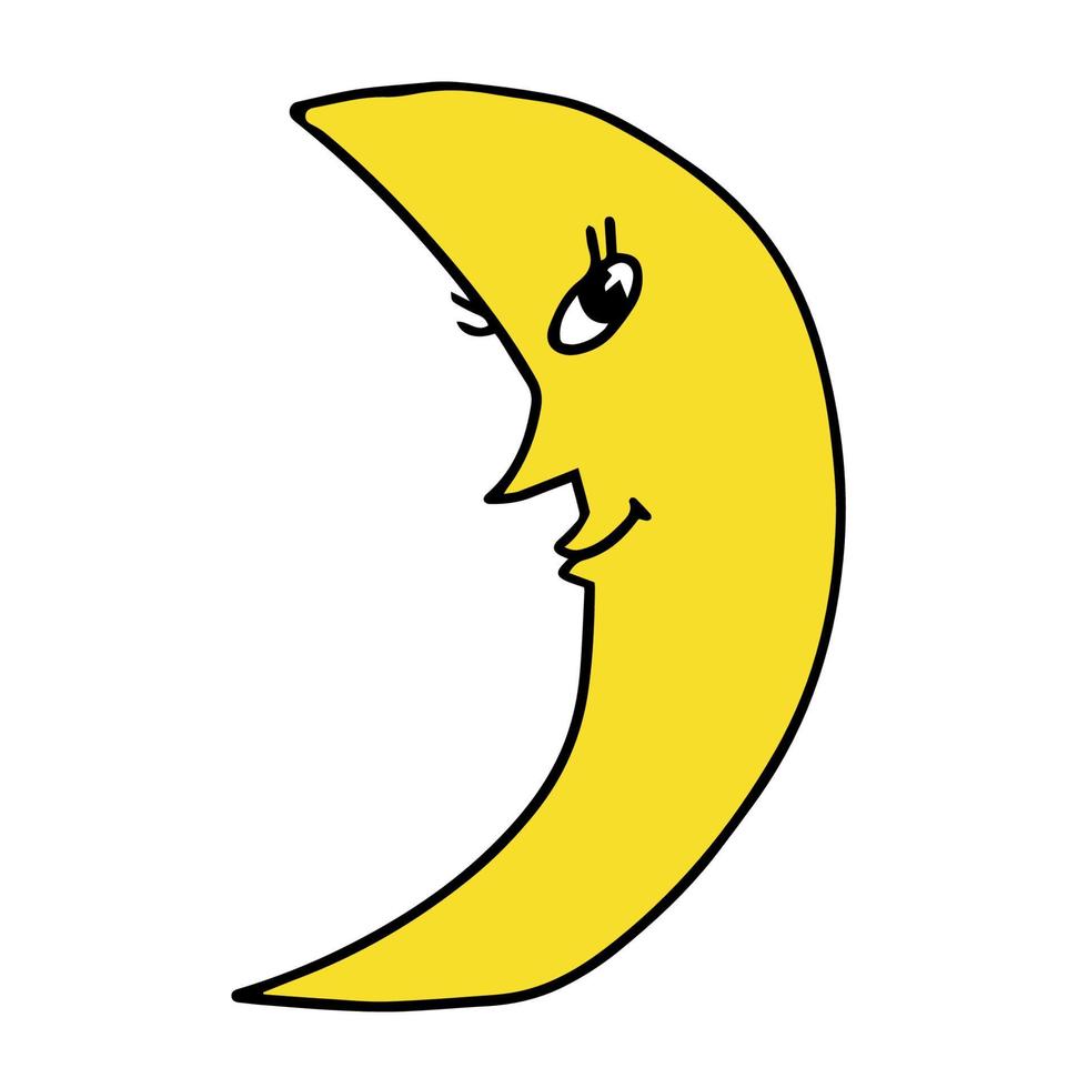 Cartoon doodle happy moon, crescent isolated on white background. vector