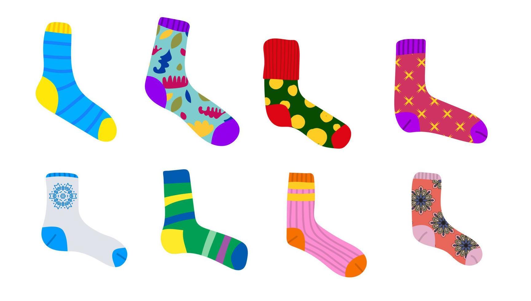 Cute set of different socks with textures, ornaments, stripes. Flat ...