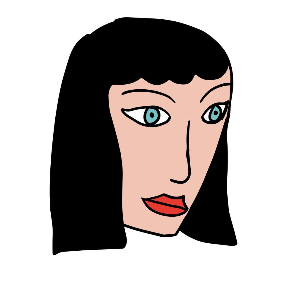 Linda caricatura dibujada a mano garabato cara de una mujer aislada sobre fondo blanco. avatar de personas. vector