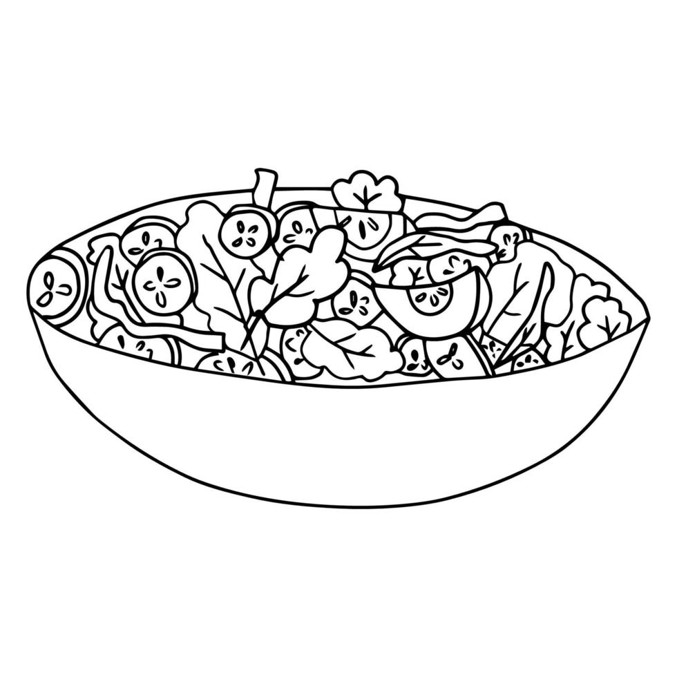 Cartoon doodle salad with tomatoes and cucumbers isolated on white background. vector