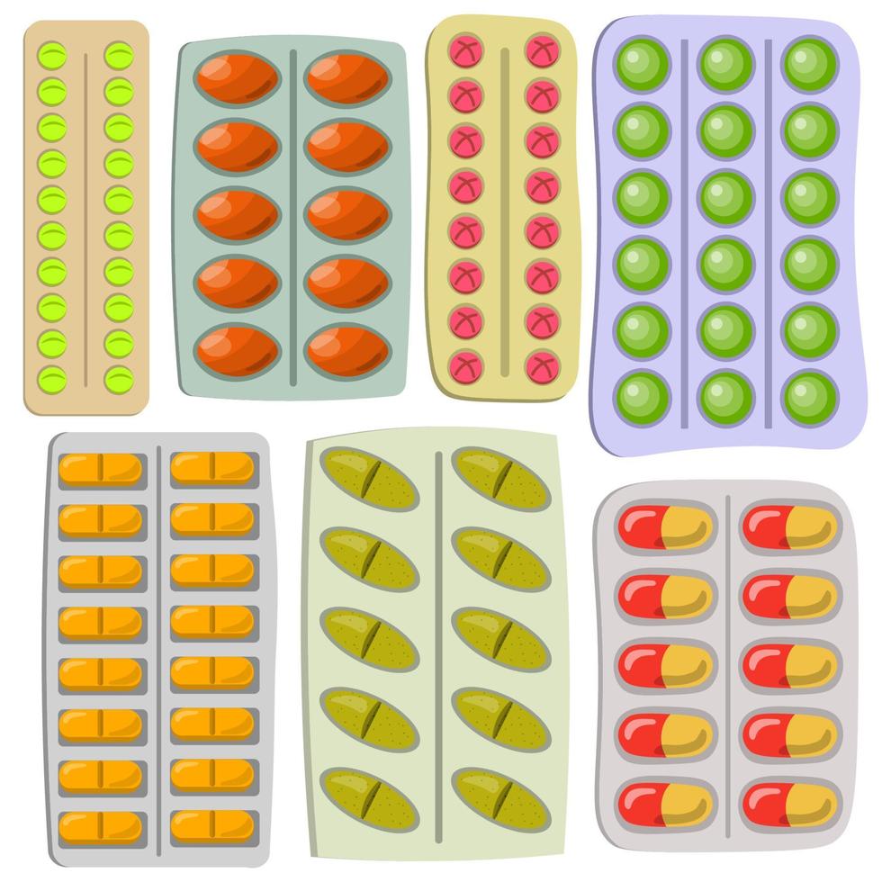 juego de ampollas de pastillas. cápsulas de enfermedades de dibujos animados, tabletas, vitaminas, píldoras antibióticas, analgésicos, paquetes de dosificación. vector