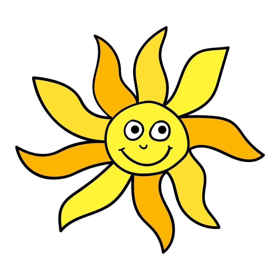 Cartoon linear doodle retro happy sun isolated on white background. vector