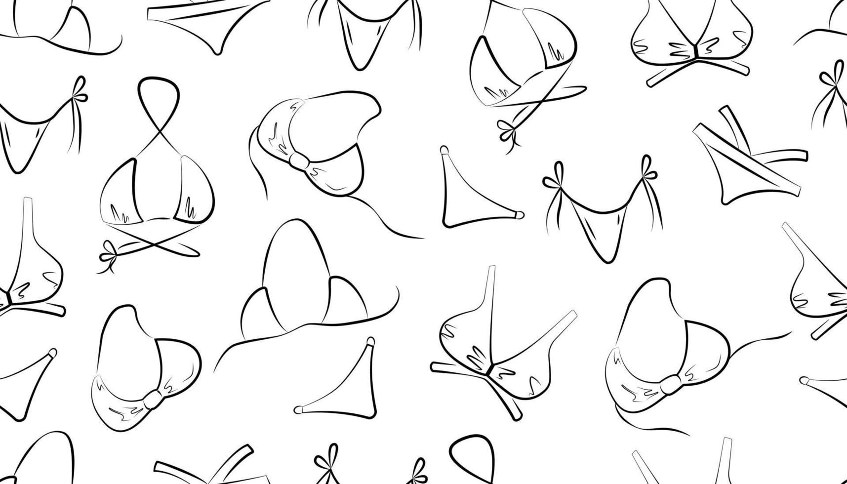 Bikini hand drawn seamless pattern. Women's sexy swimsuit summer background. Black outline on a white background. Vector. For fabric, wrapping paper, textiles. vector