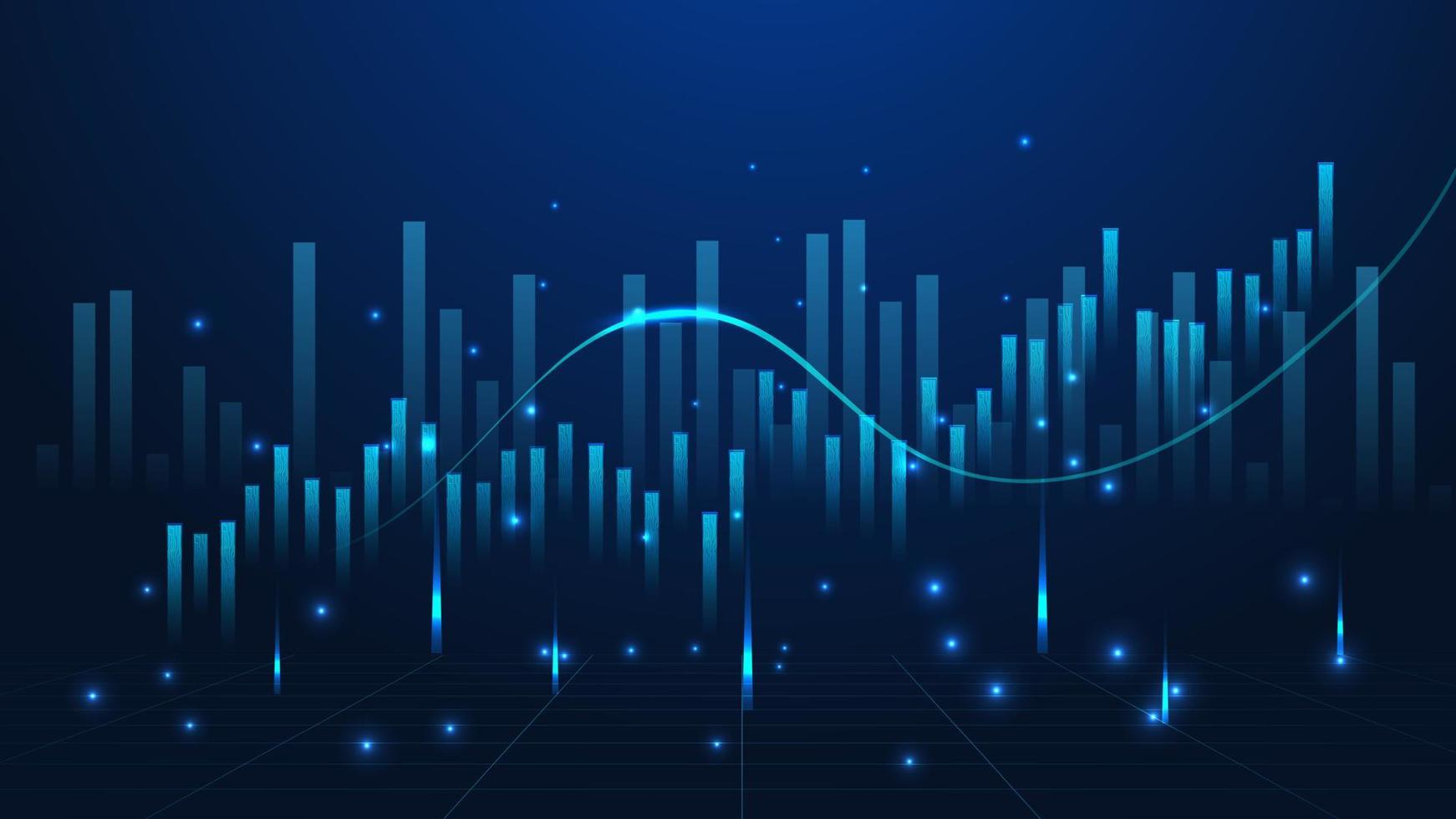 Gráfico de gráfico de palo de vela de negocios de comercio de inversión en bolsa sobre fondo azul. punto alcista, tendencia ascendente del gráfico. diseño de vectores de economía