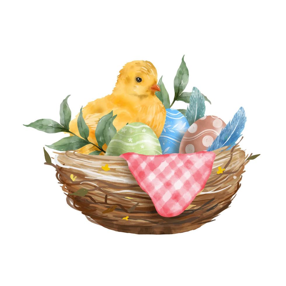 Chicken and Easter Eggs with bird nest, leaves, feather and pink plaid fabric. Happy easter day cute elements. Vector illustration