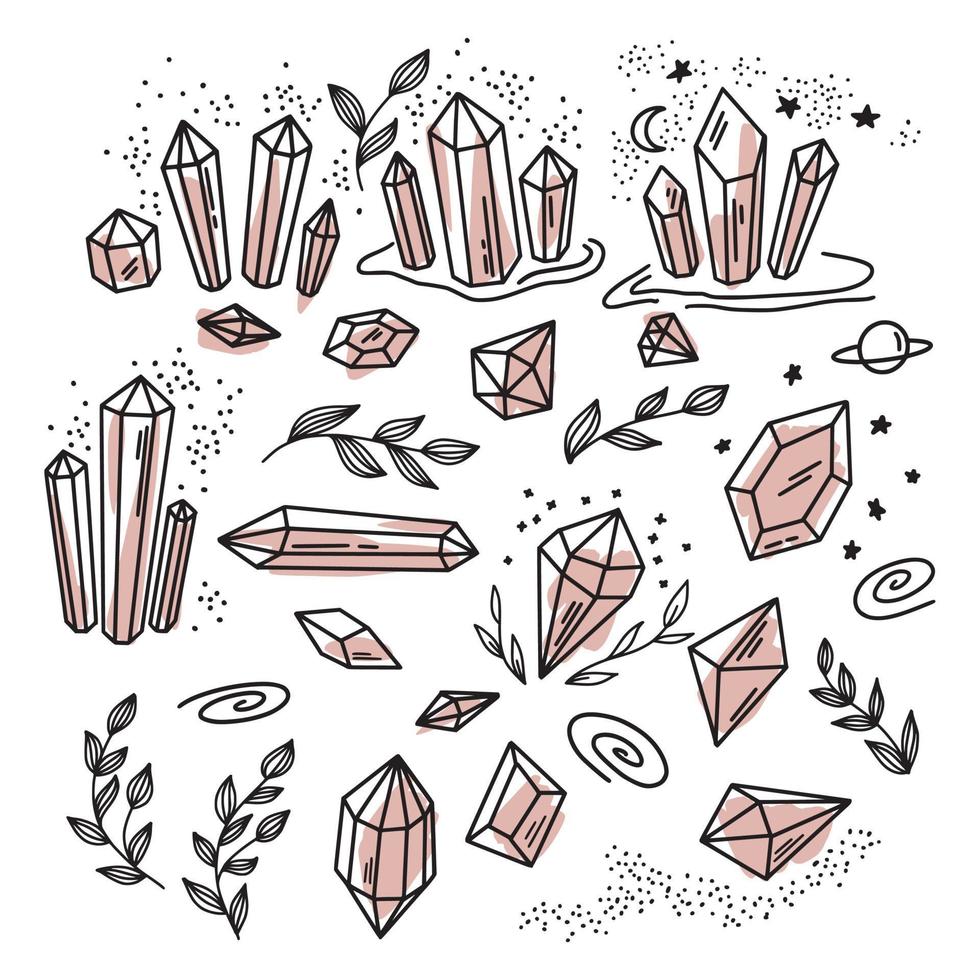 dibujo a mano de cristales y piedras preciosas vector