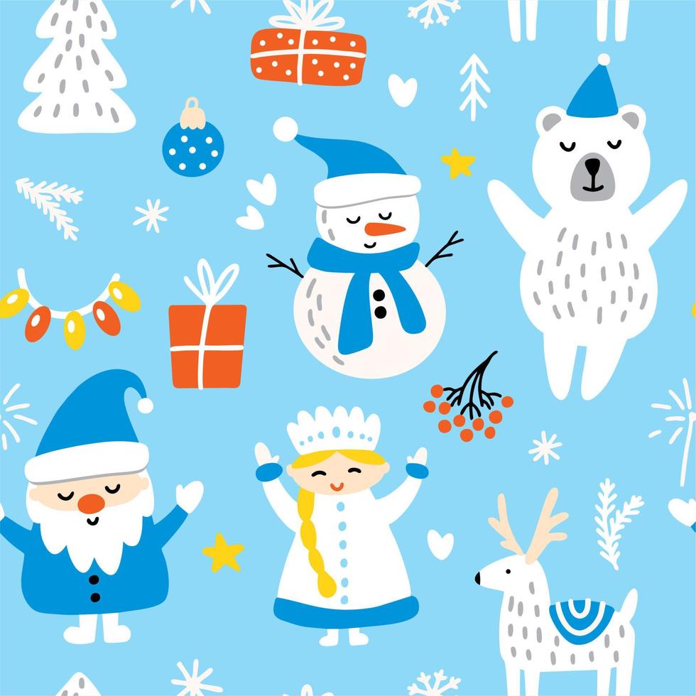 Santa Claus and snow maiden with a snowman and gifts vector