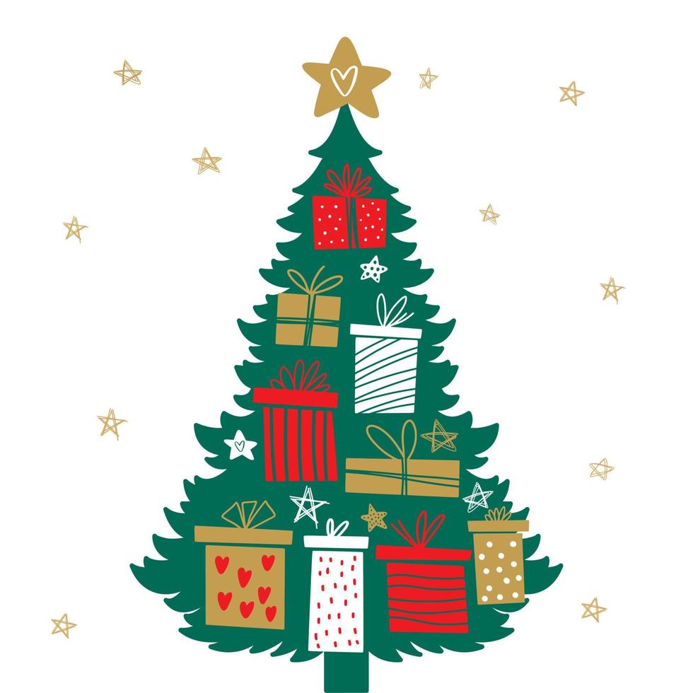 árbol de navidad con regalos dibujados a mano vector