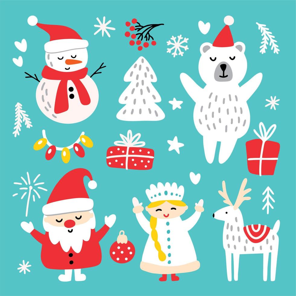 Santa Claus and snow maiden with a snowman and gifts vector