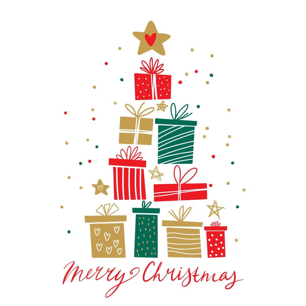 Christmas tree with gifts hand-drawn vector