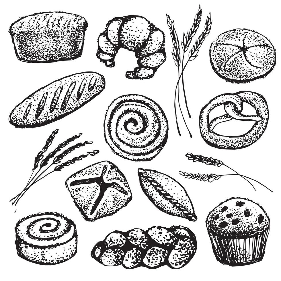 Delicious pastries, bread, pies, buns, cupcakes hand-drawn vector