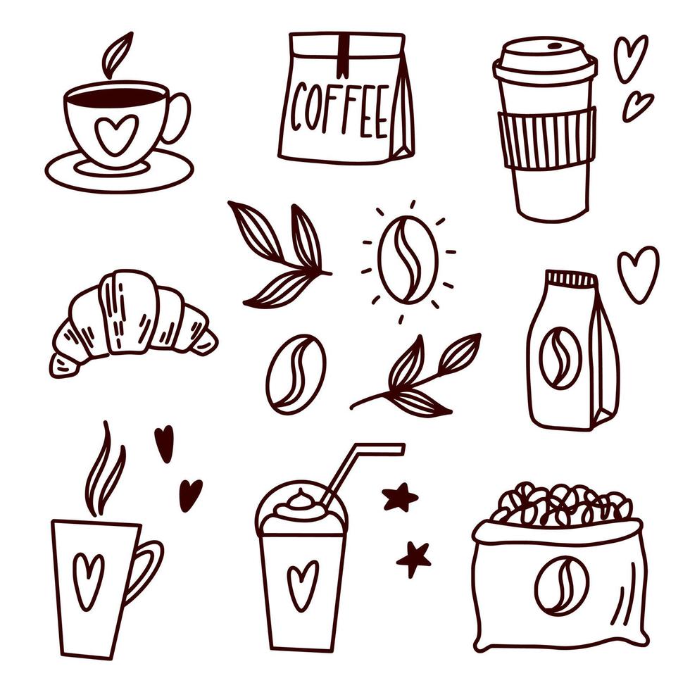 Hand-drawn coffee cups and buns vector