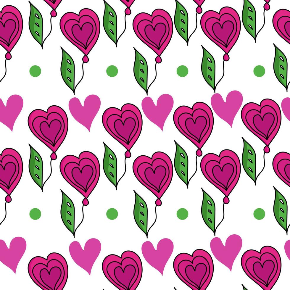 Stylized flowers with hearts in horizontal rows seamless pattern, fantasy elements in pink and green on a white background vector