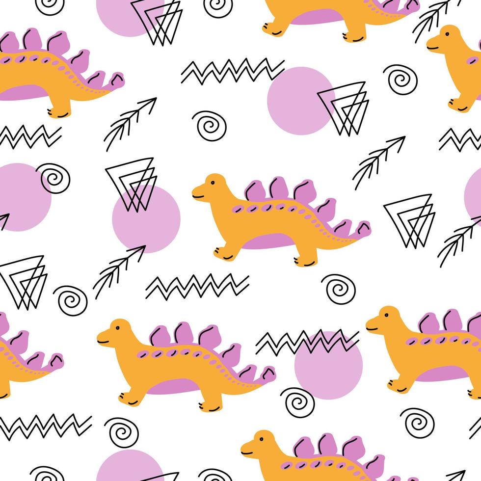 Cute pattern with stegosaurs and linear doodles, cartoon dinosaurs in purple on a white background vector