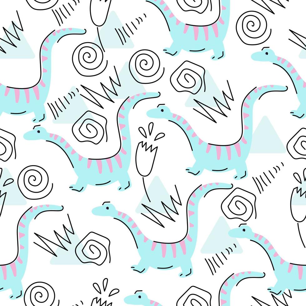 Cute pattern with diplodocus and linear doodles, cartoon blue dinosaurs on white background vector