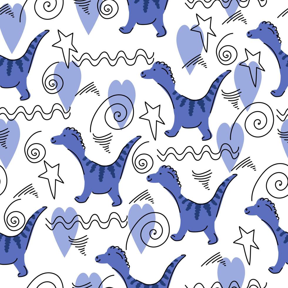 Cute pattern with dinosaurs and linear doodles, cartoon animals in blue on a white background vector