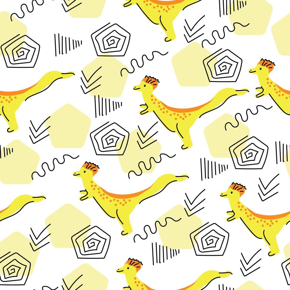 Cute pattern with dinosaurs and linear doodles, cartoon animals in yellow on a white background vector