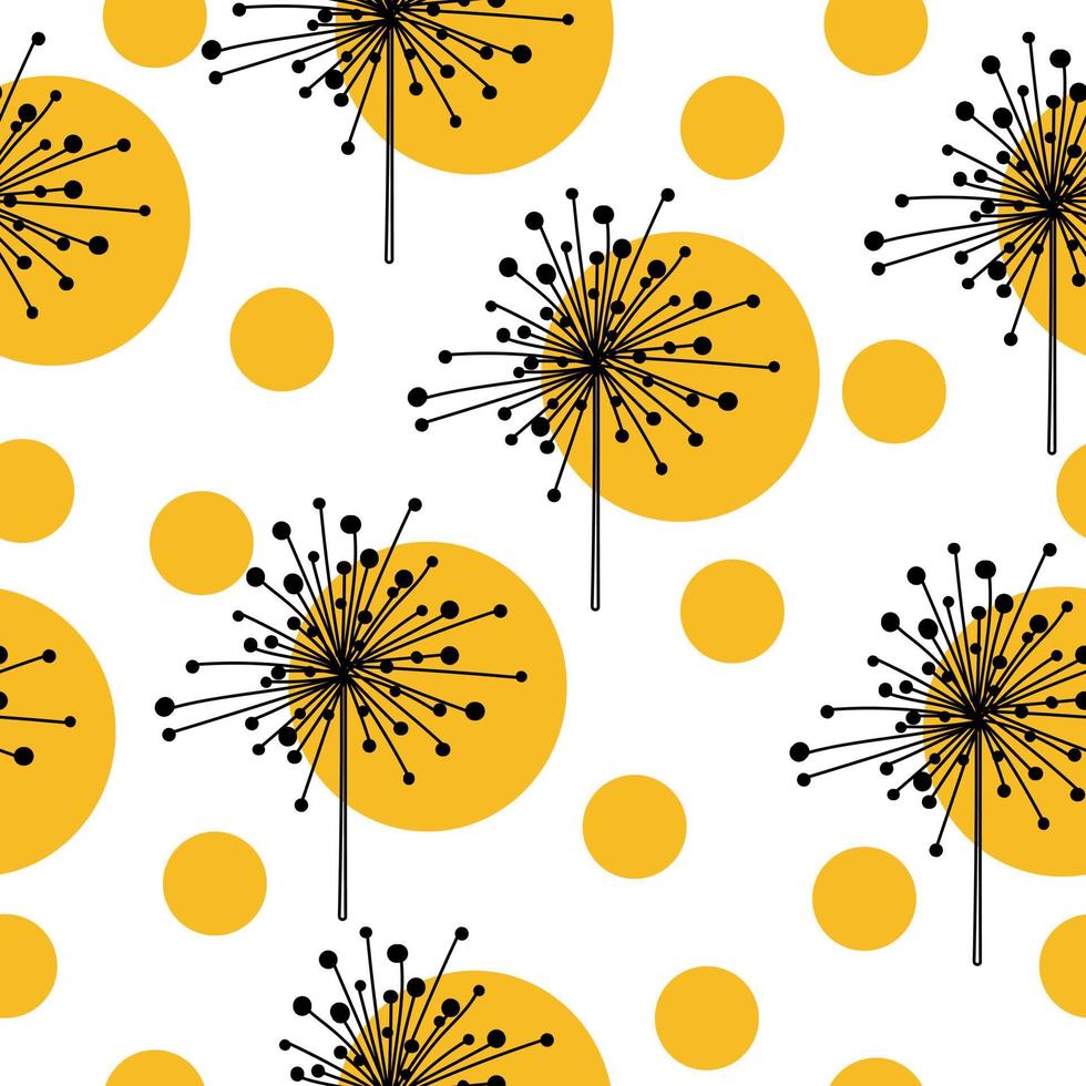 Seamless pattern of doodle dandelions and orange circles, fantasy flowers on a white background vector