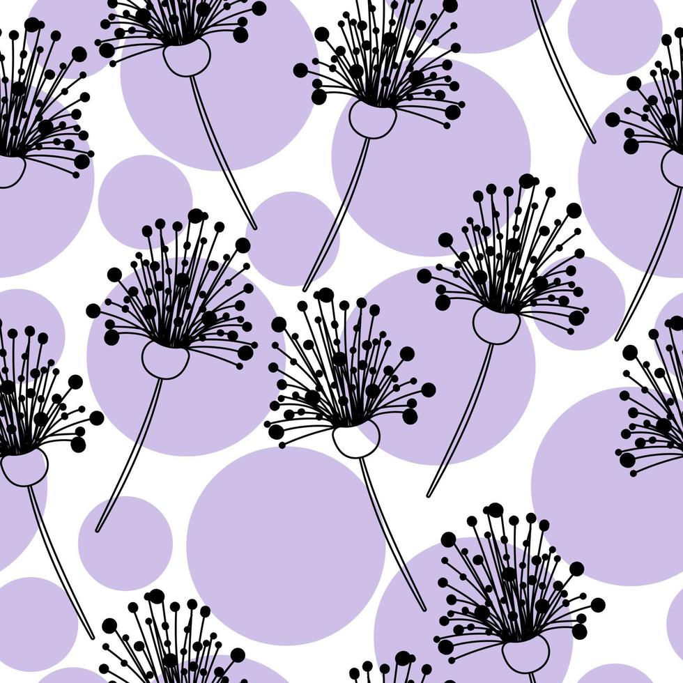 Seamless pattern of doodle dandelions and purple circles, fantasy flowers on a white background vector