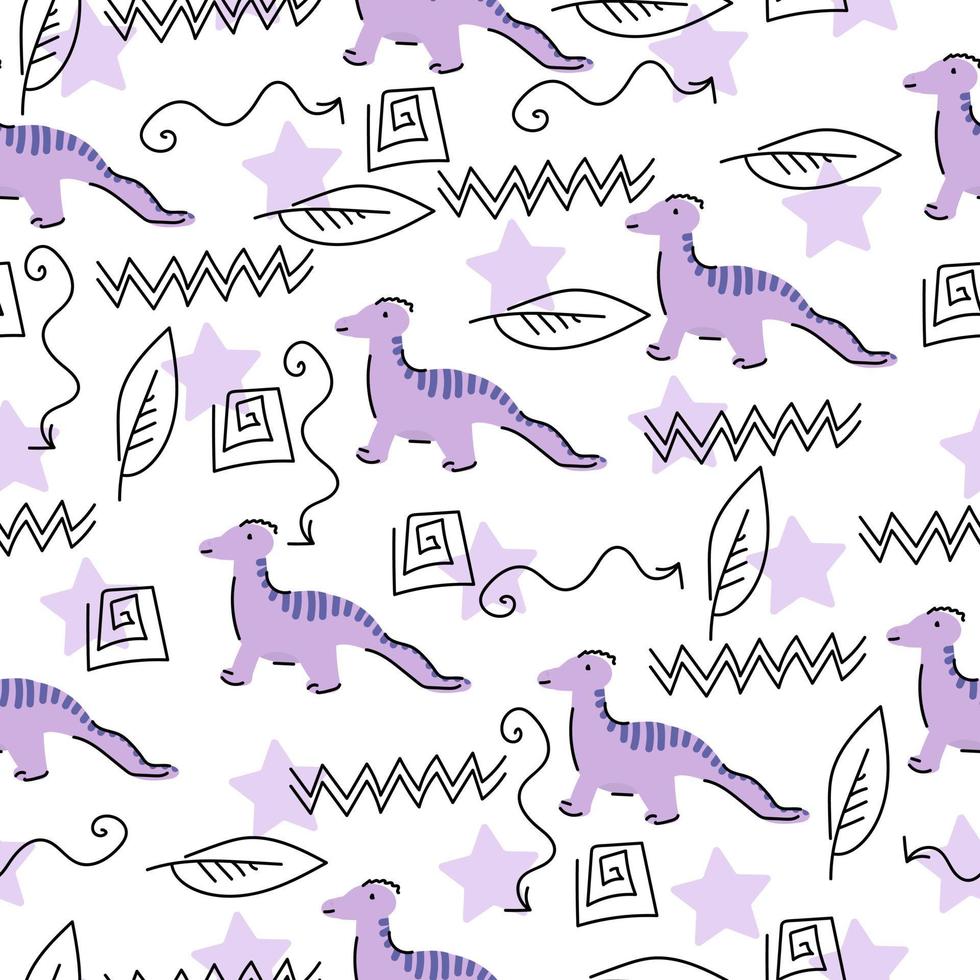 Cute pattern with dinosaurs and linear doodles, cartoon animals in purple on a white background vector