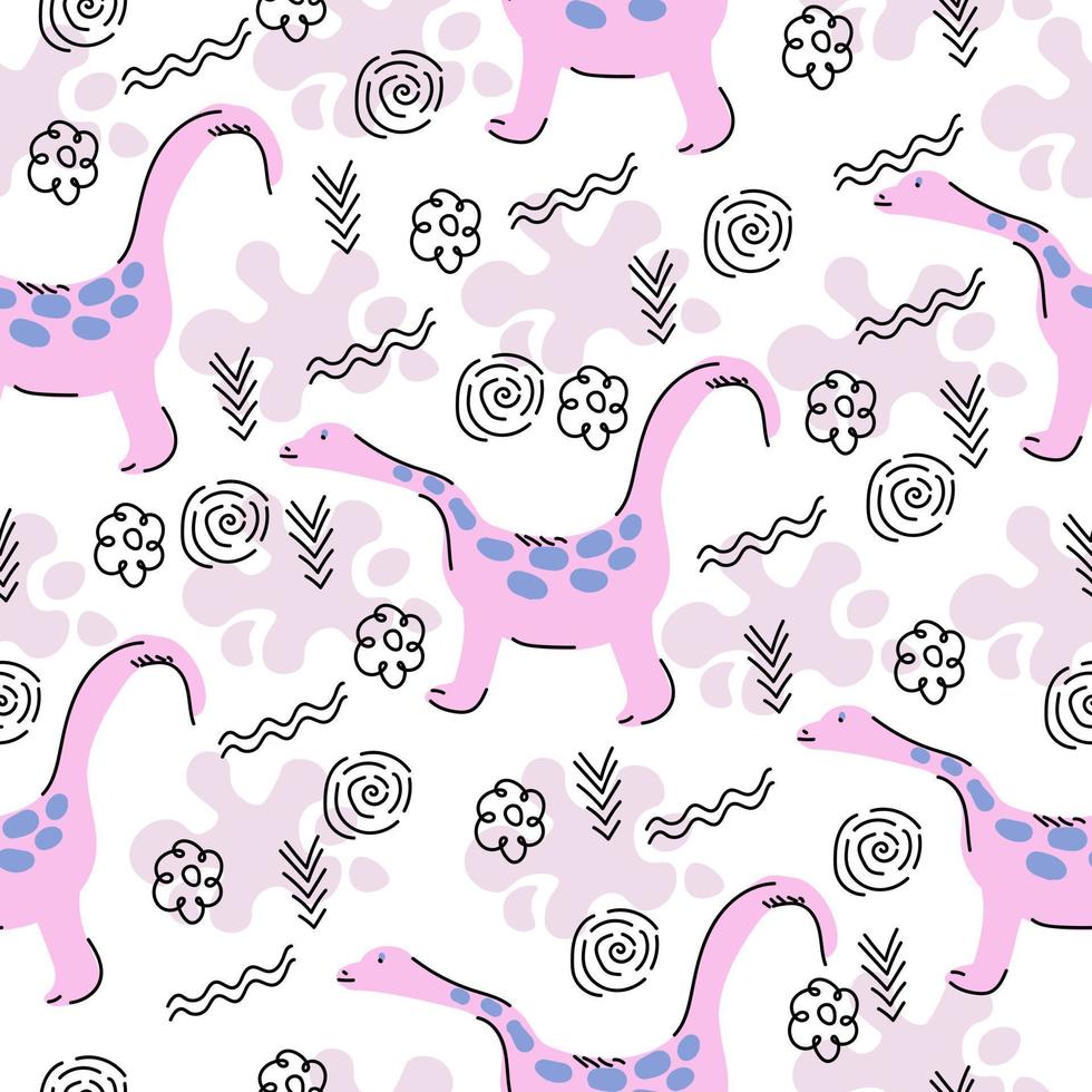 Cute pattern with dinosaurs and linear doodles, pink cartoon animals on white background vector