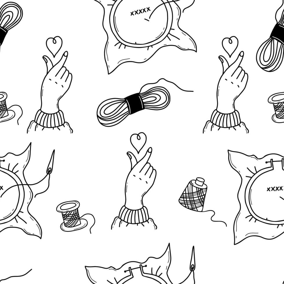 Seamless pattern. Knitting, threads and scissors, heart hand gesture and knitting hands with knitting needles. Vector illustration. Linear hand drawings in doodle style