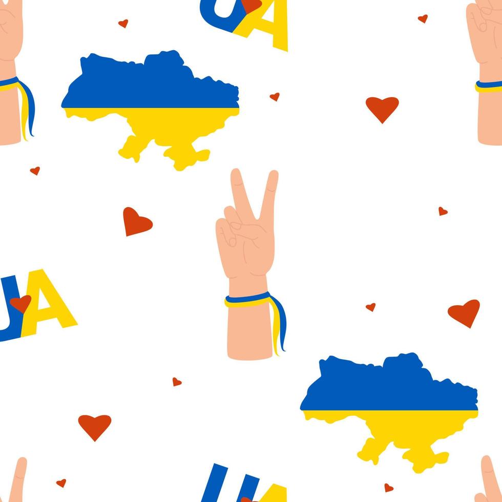 Ukrainian Seamless pattern. Hand gesture, two fingers, victory, Yellow-blue map of Ukraine, colors of Ukrainian flag on white background with hearts. Vector illustration. For design, decor, wallpaper