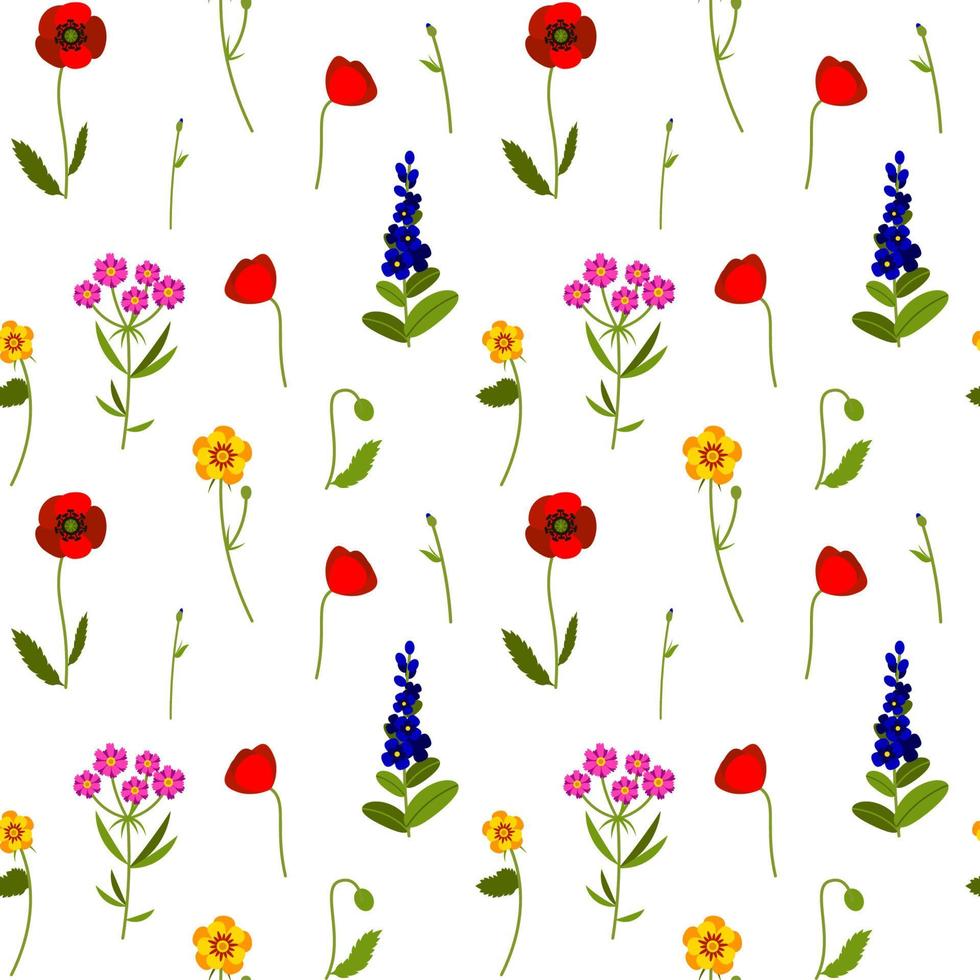 Meadow wildflowers colorful seamless pattern. Summer design with poppy, lavender, buttercup for textile, fabric, wrapping paper, prints. Vector illustration