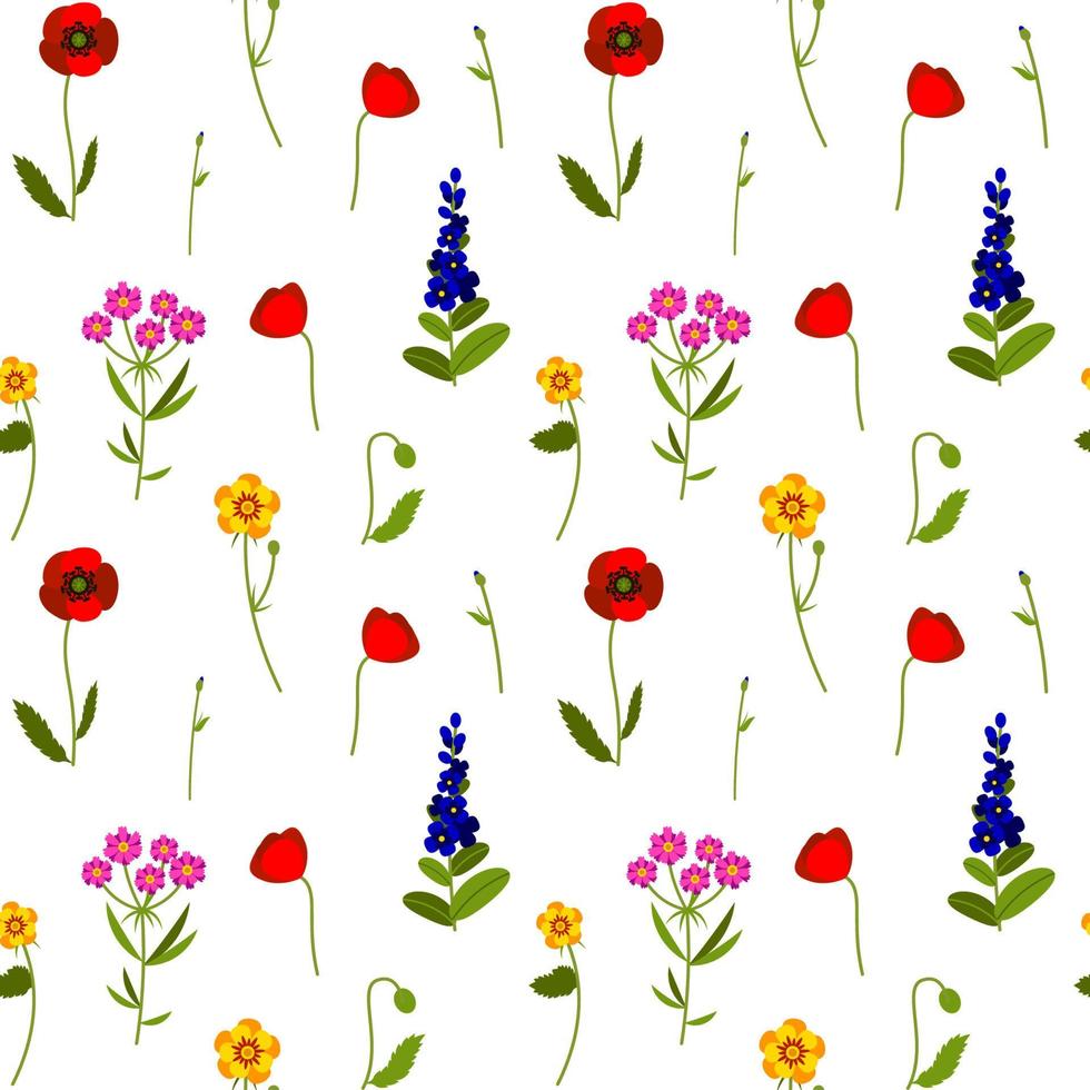 Meadow wildflowers colorful seamless pattern. Summer design with poppy, lavender, buttercup for textile, fabric, wrapping paper, prints. Vector illustration