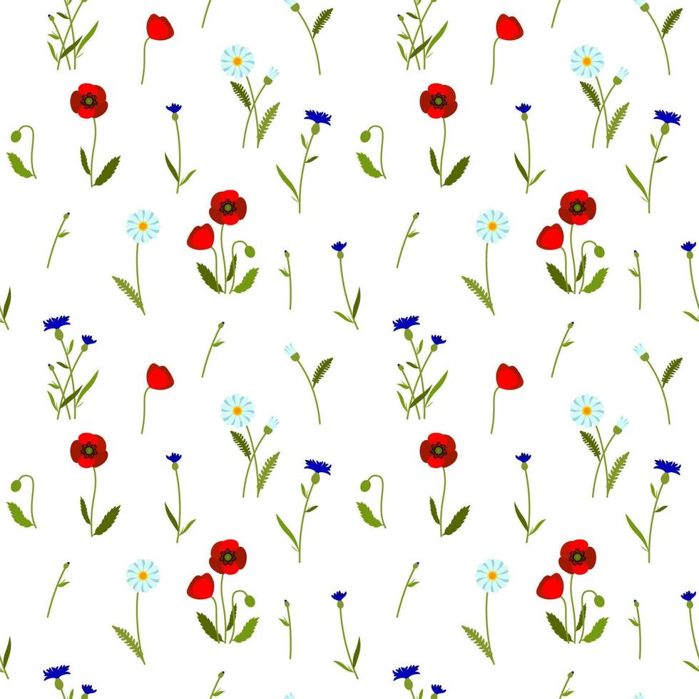 Meadow wildflowers colorful seamless pattern. Summer design with poppy, chamomile, cornflower for textile, fabric, wrapping paper, prints. Vector illustration