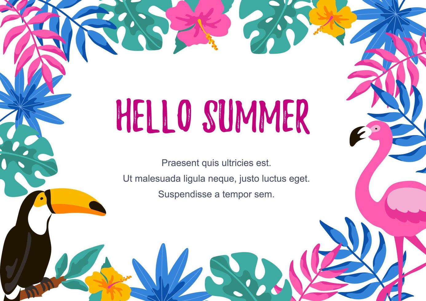 diseño horizontal de verano con elementos dibujados a mano para pancartas, cartas, invitaciones, mensajes, redes sociales, tarjetas. ilustración vectorial espacio para texto. hola letras de verano vector