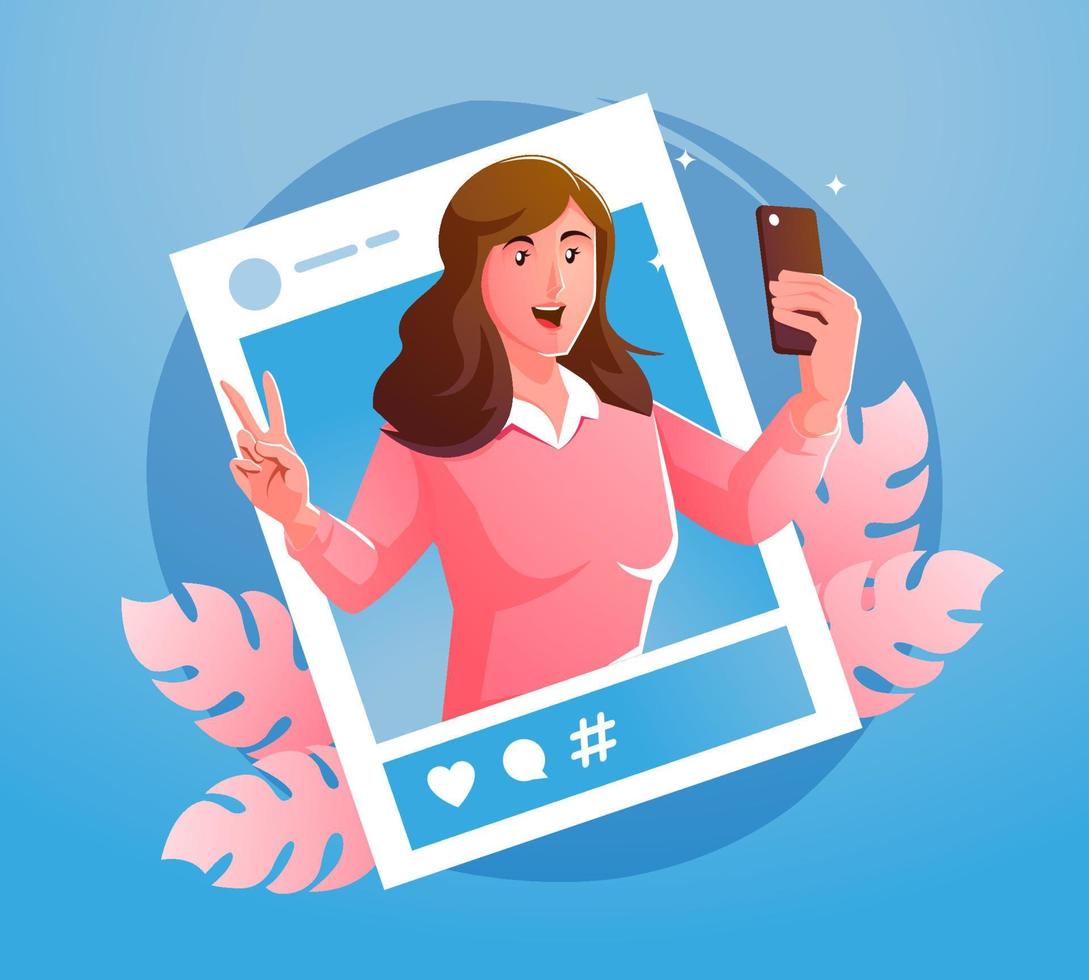 selfie de niña y publicación en redes sociales vector