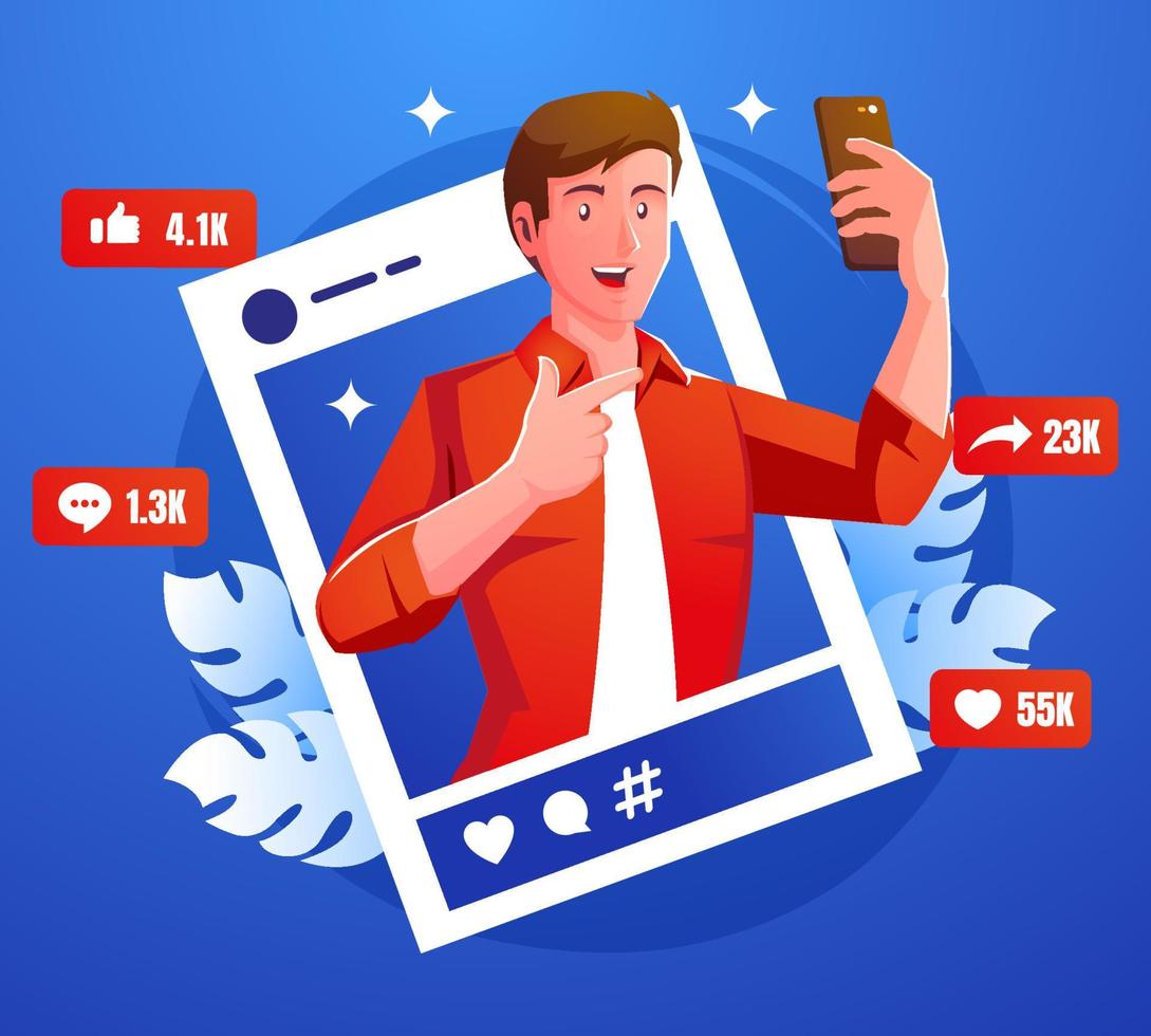 young man selfie and social media post vector