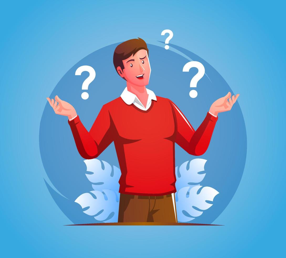 Man feeling confused, doubting, weighting or choosing different options with funny expression vector