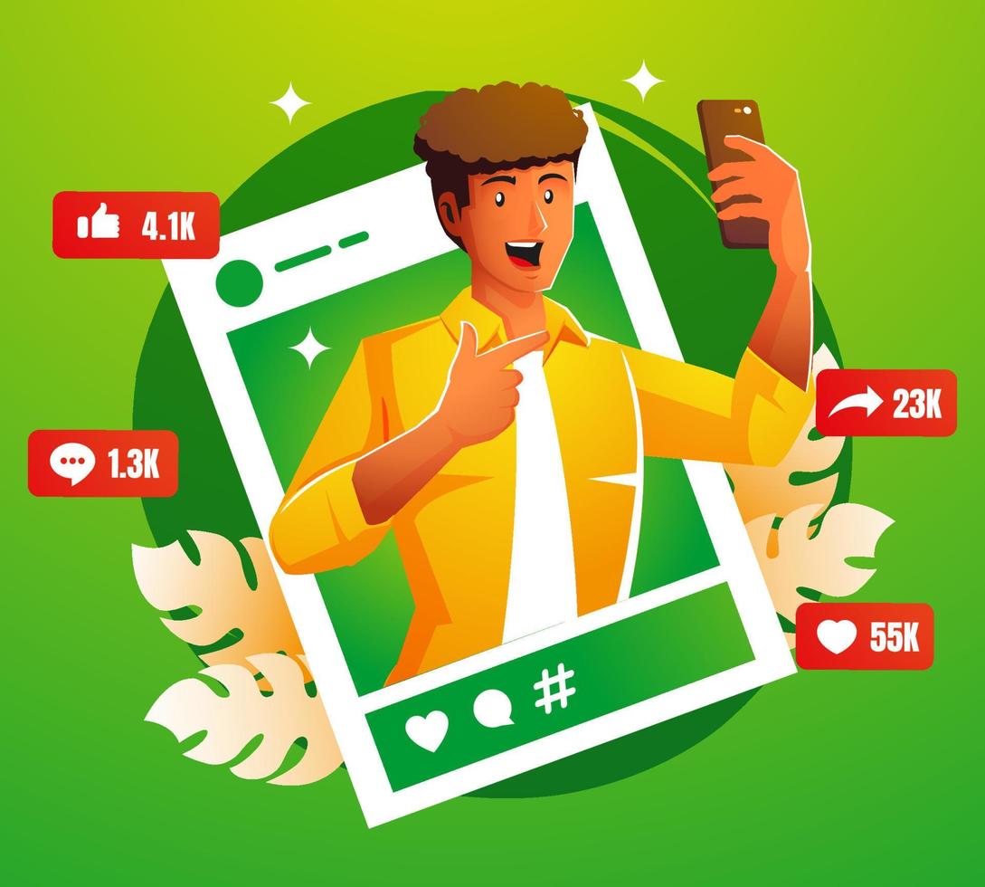 young man selfie and social media post vector