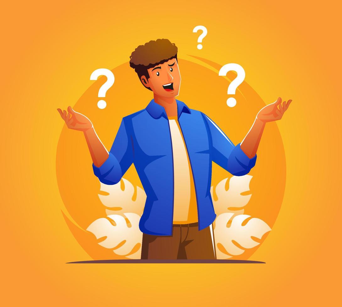 Man feeling confused, doubting, weighting or choosing different options with funny expression vector