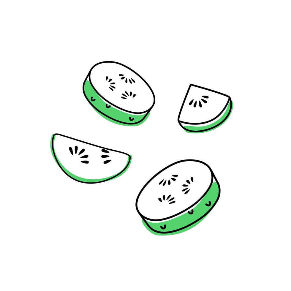 Doodle outline slice cucumber with spot. Vector illustration for packing