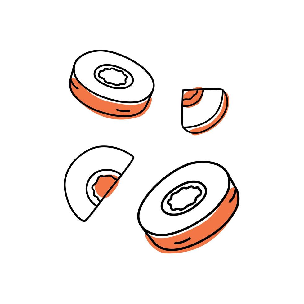 Doodle outline slice carrot with spot. Vector illustration for packing