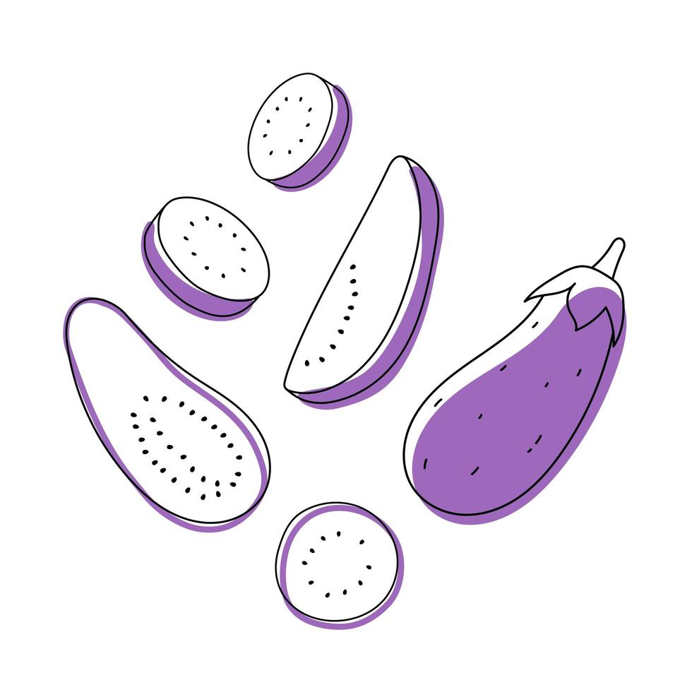 Set of doodle outline eggplant with spots. Whole and pieces. vector