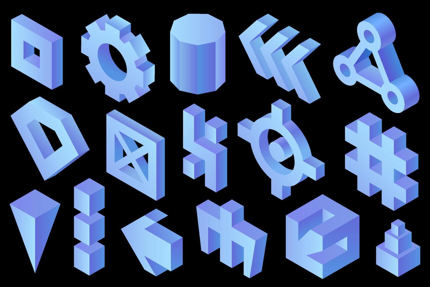 Abstract vector shapes, 3D rendering. Abstract isometric, 3d shapes in blue color isolated on black background. Glossy blue icons, three dimensional forms and figures, isometric symbols.