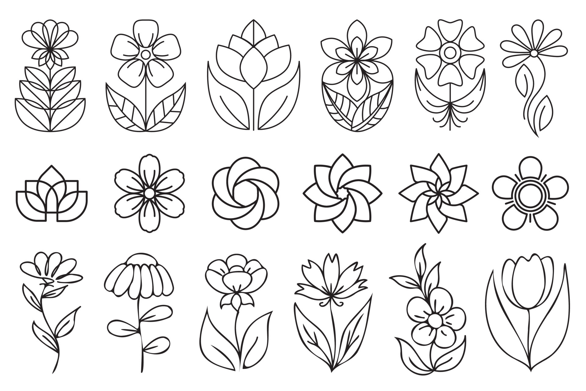 Outline floral icons. Set of outline flower icons with black thin line isolated on white